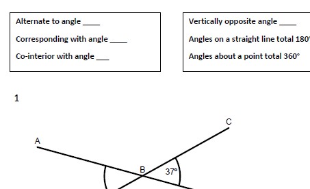 Some questions with a template on calculating angles with parallel lines and transverse lines.